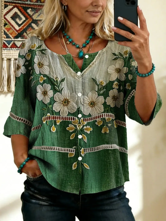 Women's Vintage Floral Art Print Tie-front Button-up Short-sleeve Shirt