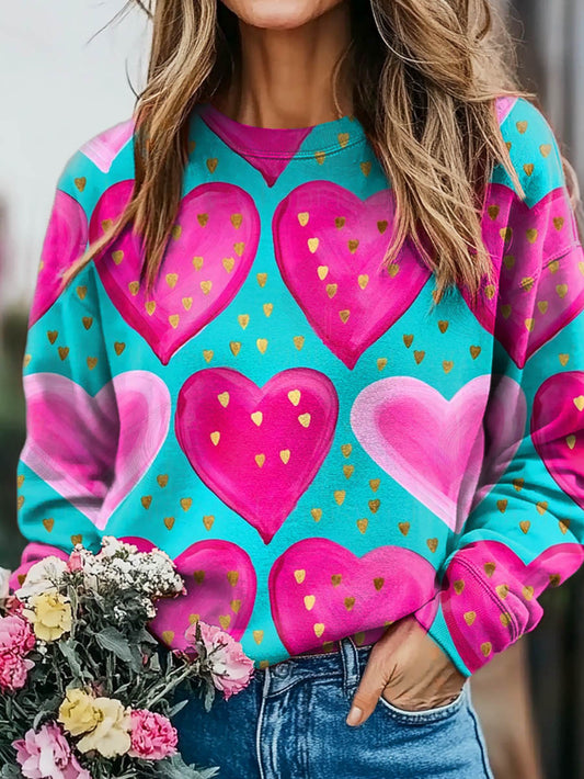 Valentine's Day Love Heart Print Casual Crew Neck Sweatshirt