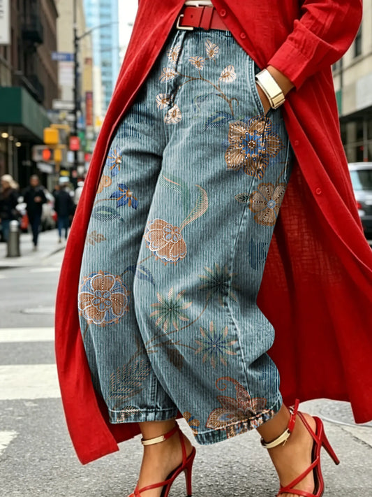 Women's Vintage Floral Print Jeans with Pockets