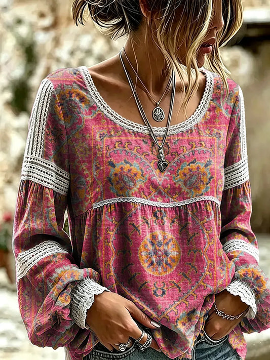 Ethnicity Geometry Totem Women's Art Print Casual Lace Print Blouse Shirt