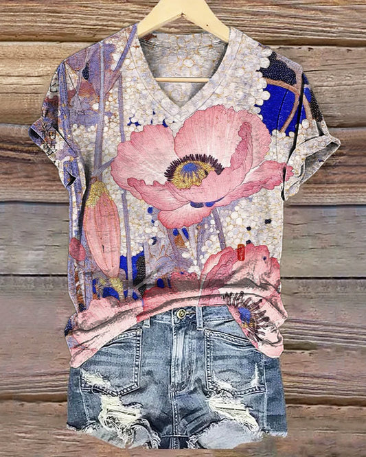 Women's Bohemian Floral Art Print V-neck Casual T-Shirt