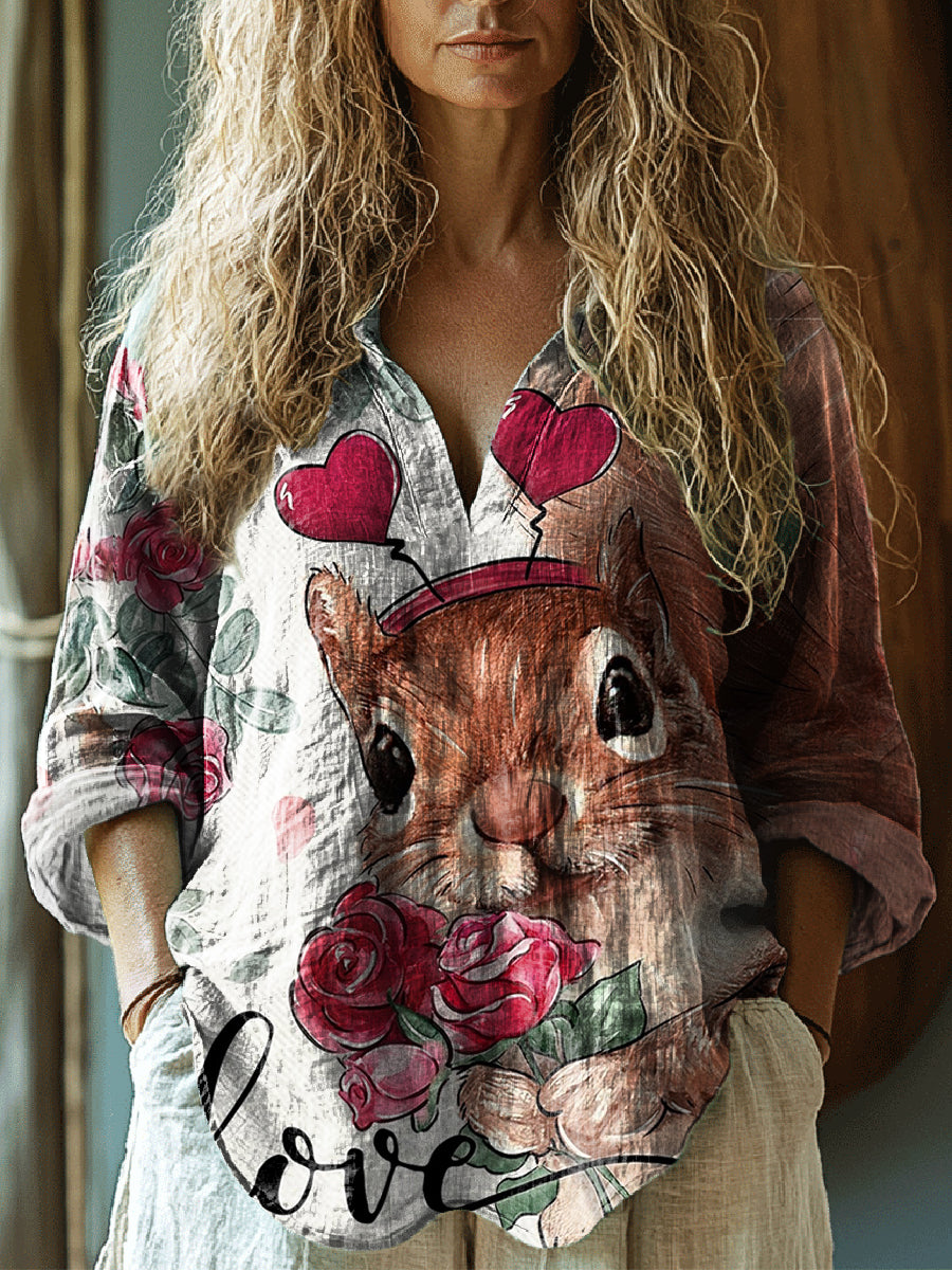 Women's Rose Heart Squirrel Art Print Casual Linen V Neck Shirt