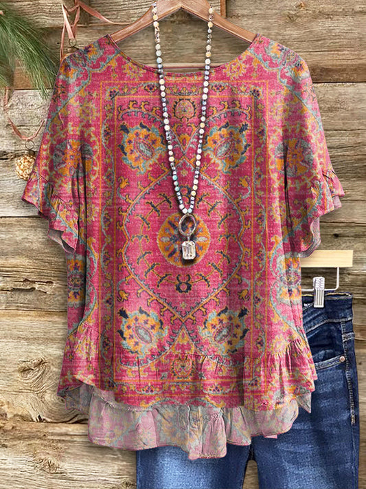 Women's Colorful Retro Totem Art Print Casual Short Sleeve Cotton And Linen Shirt