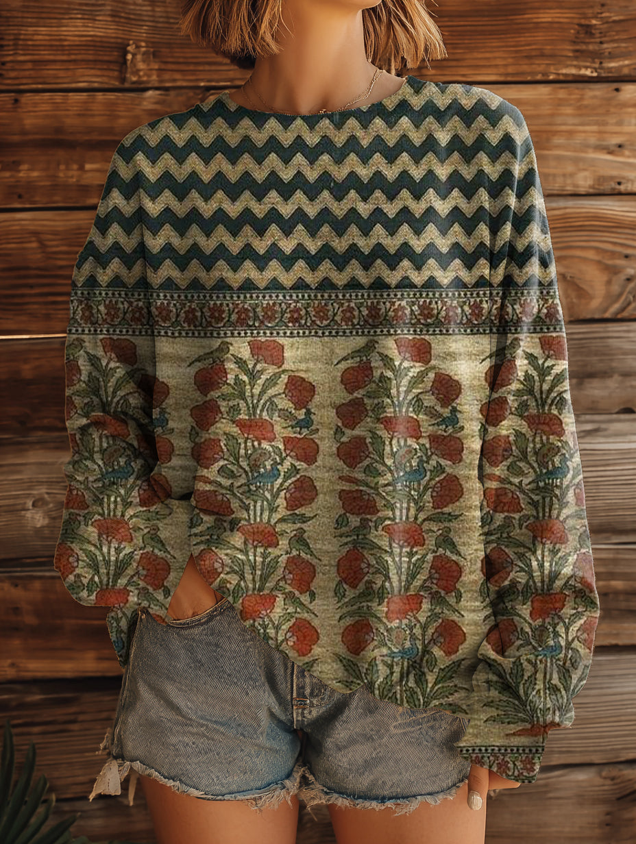 Women's Vintage Bohemian Floral Art Pattern Print Casual Crew Neck Sweatshirt