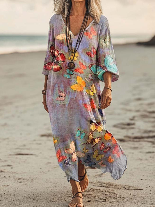 Women's Butterfly Pattern Art Print Pocket Cotton Dress