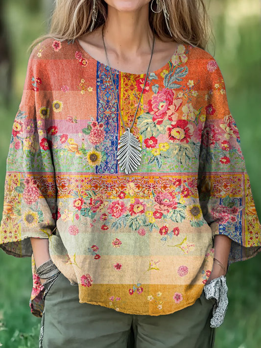 Women's Vintage Floral Patchwork Art Print Casual Cotton And Linen Shirt