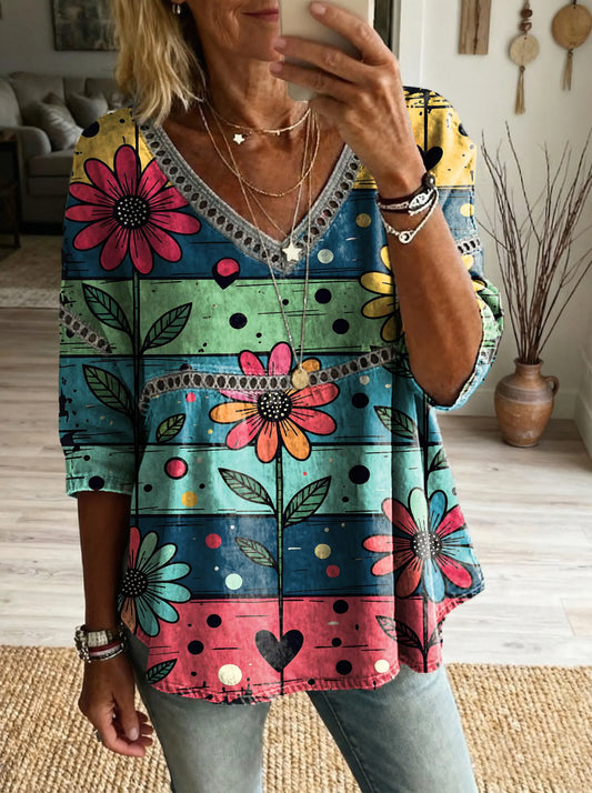 Women's Floral Pattern Art Print Casual V-neck Lace-up Top