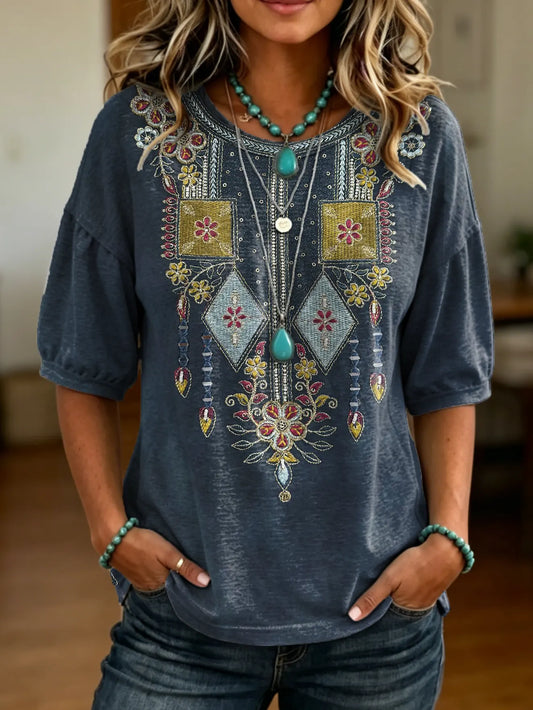 Women's Retro Ethnic Floral Print Round-neck Short-sleeve T-shirt