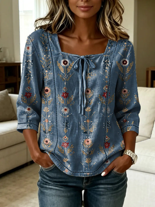 Women's Retro Floral Artistic Tie-front Square-neck Short-sleeve Top