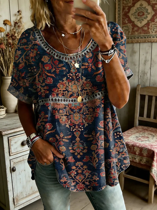 Women's Ethnic Floral Art Print Round Neck Short Sleeve Hollow-Out Shirt