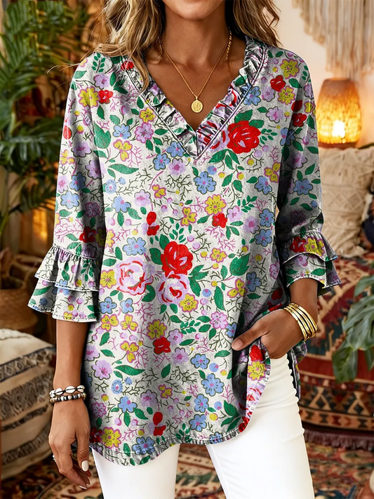 Ethnicity Bohemia Geometry Flowers Women's Art Print Casual V-neck Ruffled Washed Top