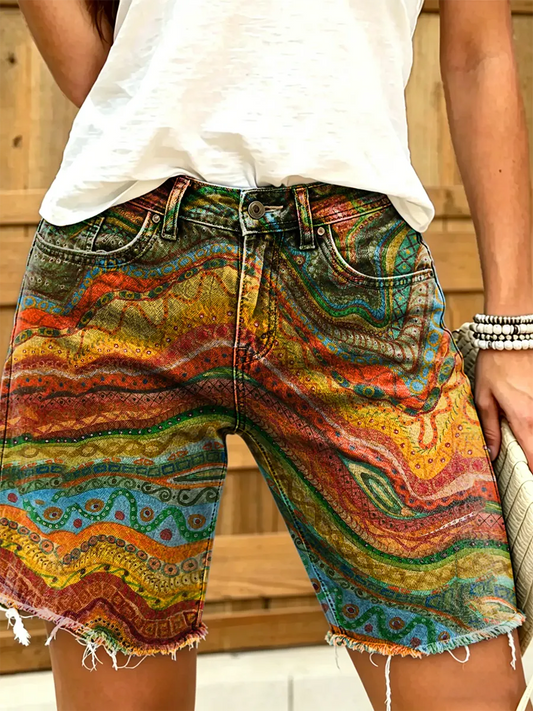 Women's Colorful Asymmetrical Artistic Print Denim Shorts