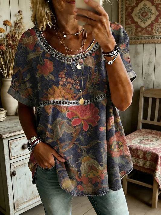 Women's Folk Floral Art Print Round Neck Short Sleeve Hollow-Out Shirt