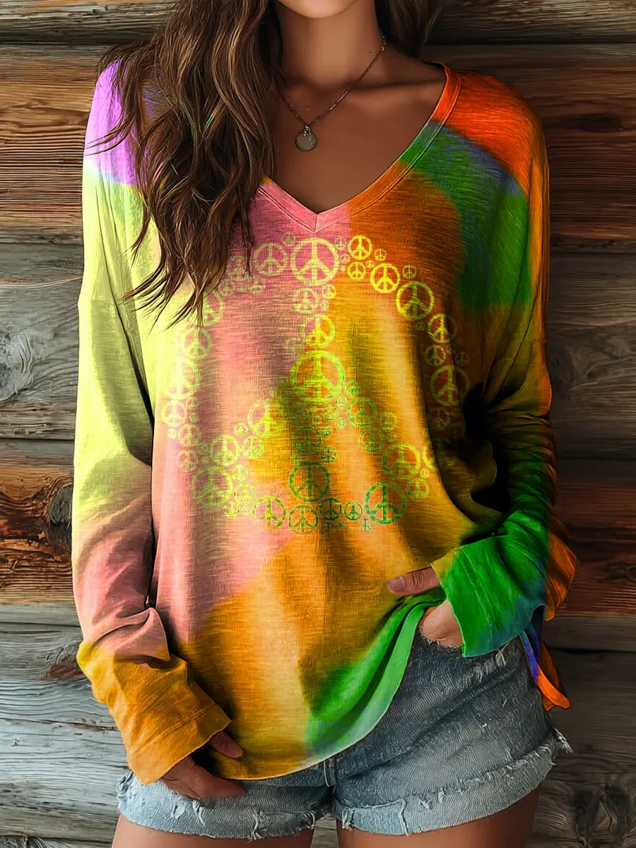 Colorful Gradient Hippie Women's Print Casual V-neck Long Sleeve T-shirt