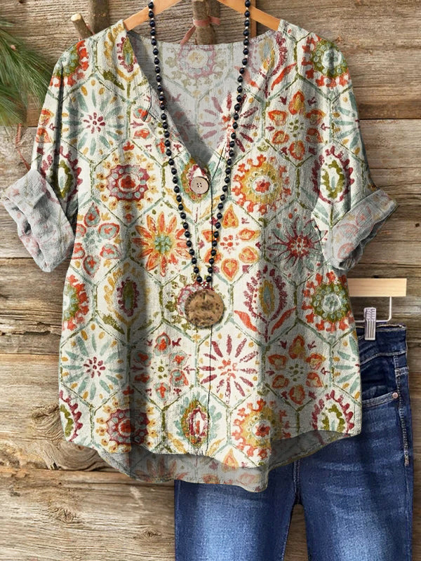 Women's Ethnic Totem Pattern Print Casual Cotton Linen Shirt