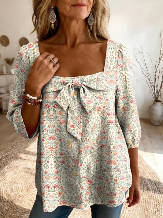 Women's Vintage Paisley Floral Art Print Casual Square-Neck Top with Bow Detail