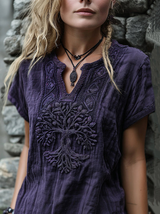 Vintage Viking Life Of Tree Celtic Embroidered Linen Blend Shirt