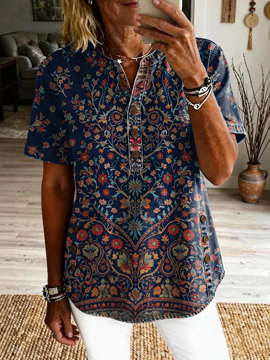 Women's Ethnic Bohemian Retro Floral Art Print Casual Short-Sleeve Washed Shirt