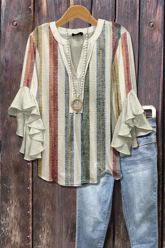 Striped V-Neck Ruffle Sleeve Top