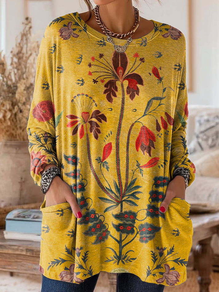 Women's Vintage Ethnic Yellow Floral Art Print Homewear Pocket V-neck Cotton T-shirt