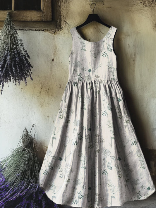 Women's Vintage Floral Art Print Sleeveless Cotton Pocket Dress