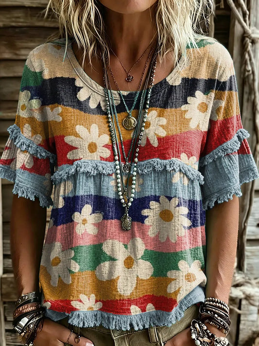 Women's Retro Colorful Striped Floral Art Print Crew Neck T-Shirt