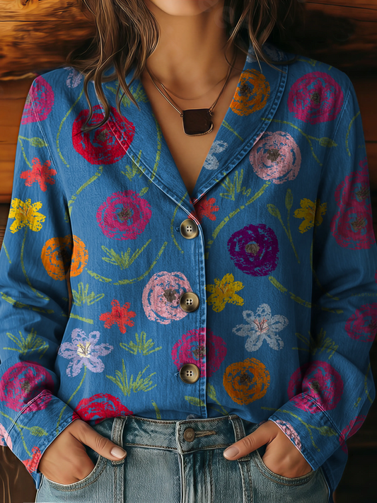 Women's Vintage Floral Art Print Lapel Washed Denim Cotton Shirt