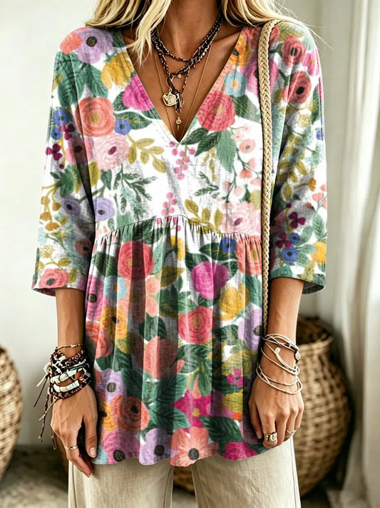 Women's Watercolor Floral Print V-Neck Casual Blouse