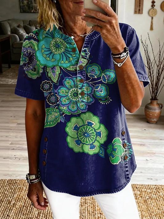 Women's Vintage Floral Art Print Casual Short-sleeve Washed Shirt