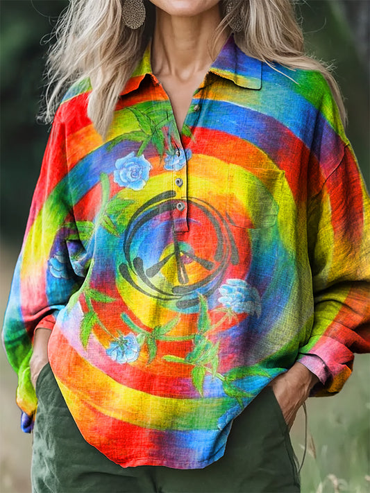 Women's Rainbow Tie-Dye Hippie Print Casual Cotton And Linen Pocket Shirt