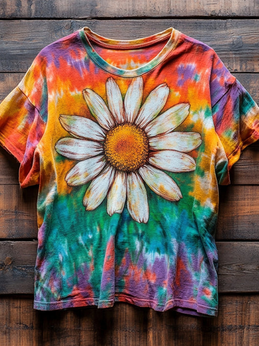 Women's Vintage Daisy Tie-Dye Floral Art Print CrewNeck Cotton T-Shirt