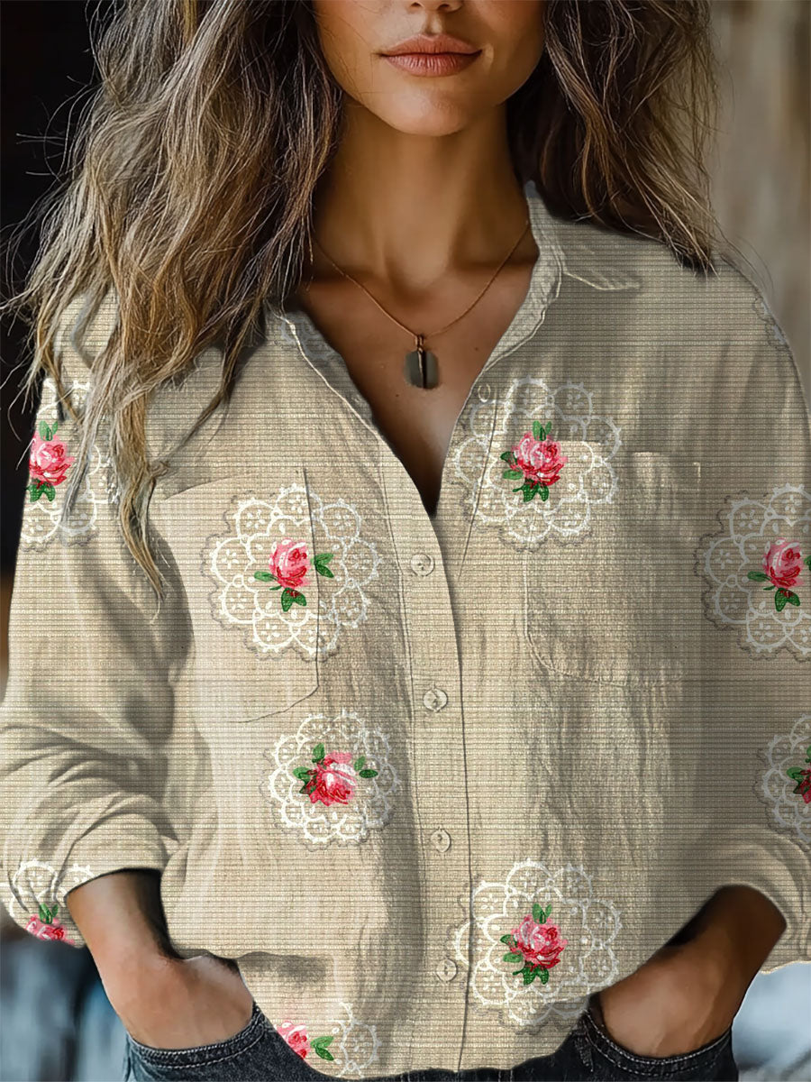 Women's  Romantic Lace Floral  Art Print Casual Long Sleeve Comfortable Cotton Shirt