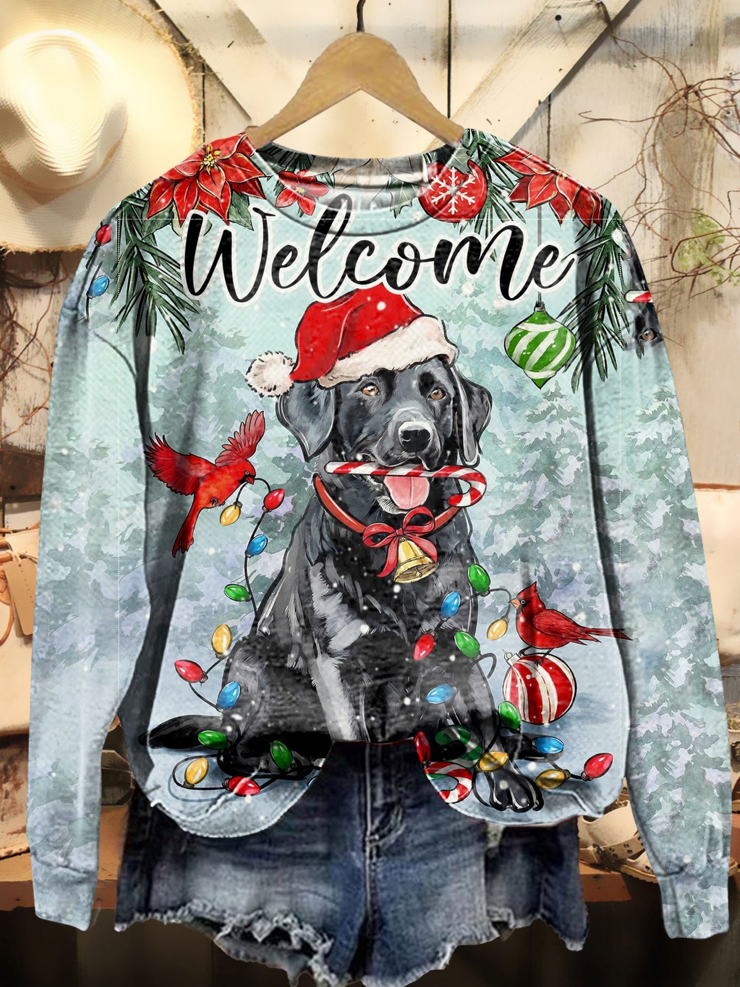 Christmas Dog and Bird Art Print Casual Sweatshirt