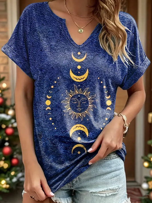 Women's Moon And Sun Print V-neck Pure Cotton T-shirt
