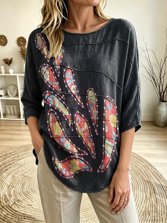 Women's Paisley Floral Printed Three Quarter Sleeve Loose Blouse