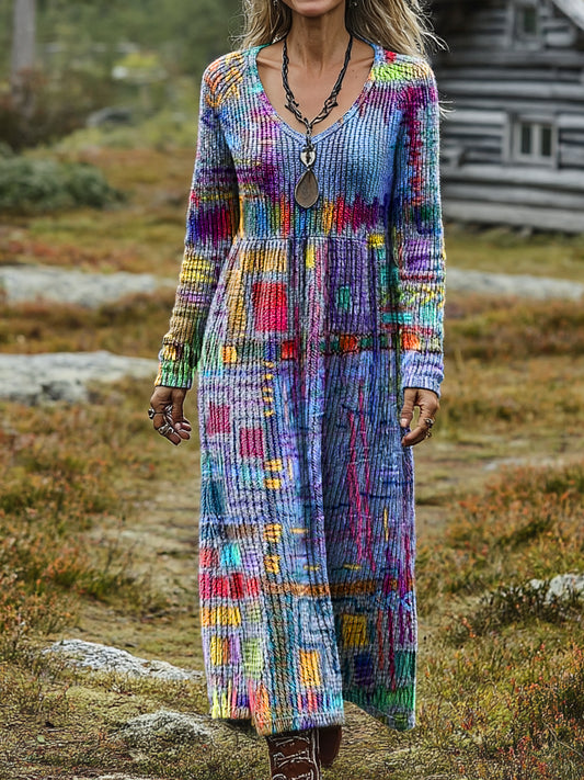 Women's Retro Colorful Art Print Casual Long Sleeve V-Neck Cotton Knit Dress