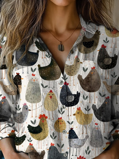 Watercolor Chicken Pattern Printed Women's Casual Long Sleeve Comfortable Cotton Shirt