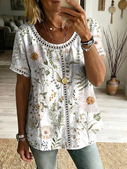 Women's Floral Art Print Round Neck Short Sleeve Hollow-Out Shirt