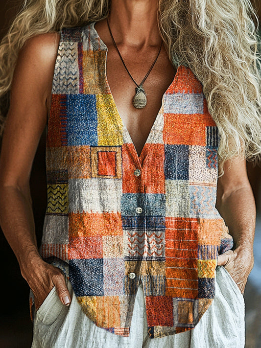 Women's Retro Colorful Geometric Collage Art Print Sleeveless Cotton Shirt