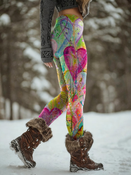 Women's Colorful Heart Art Print Slim-Fit Casual Pants