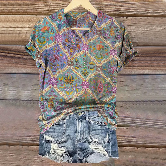 Women's Vintage Ethnic Floral Art Print V-neck Casual T-Shirt