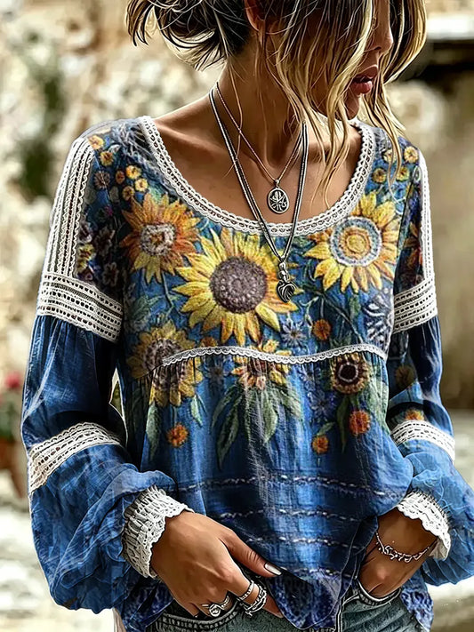 Women's Vintage Ethnic Floral Print Lace Blouse