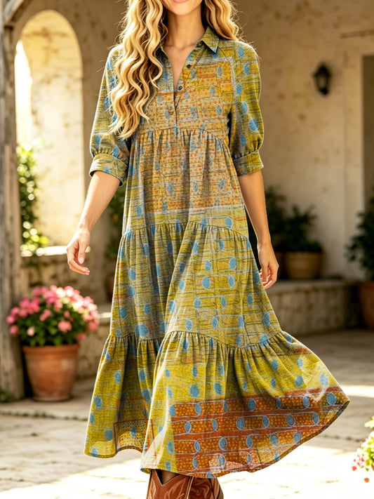 Women's Retro Ethnic Art Print Casual Half-sleeve Shirt Collar Dress