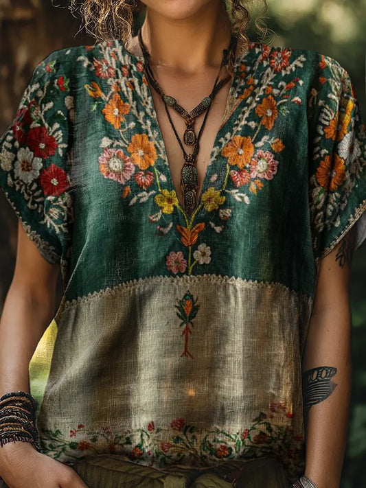 Women's Retro Ethnic Floral Print Casual V-neck Short-sleeve T-shirt