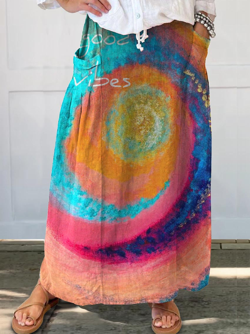 Women's Colorful Tie Dye Print Linen Pocket Skirt