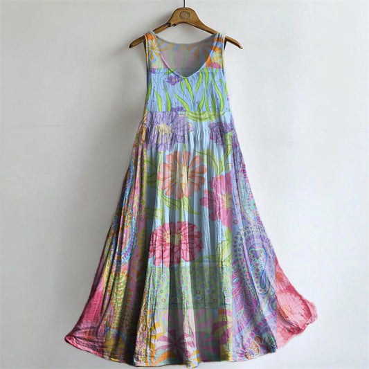 Women's Floral Art Print Round Neck Sleeveless Cotton Pocket Dresses