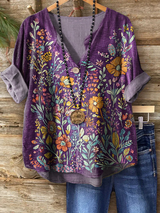 Women's Vintage Folk Flowers Print Casual Cotton Linen Shirt