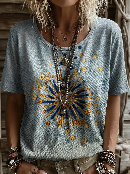 Women's Short-sleeve T-shirt With Round Neck And Artistic Print Featuring Colorful Lines And Fireworks
