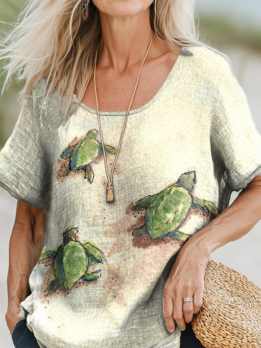 Women's Vintage Turtle Print Casual Cotton Linen Shirt