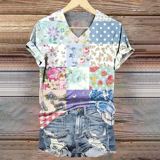 Women's Floral Art Print V-Neck Casual T-Shirt